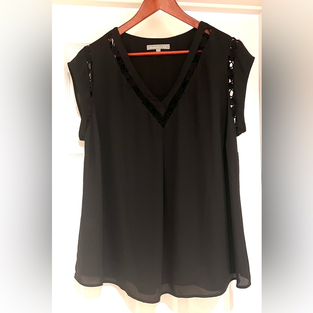 Black V-Neck Cap-Sleeve Blouse with Cutout Trim